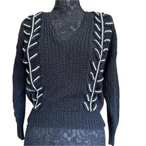 Nannell Vintage Black Silver Embellished Women's V-Neck Long Sleeve Sweater